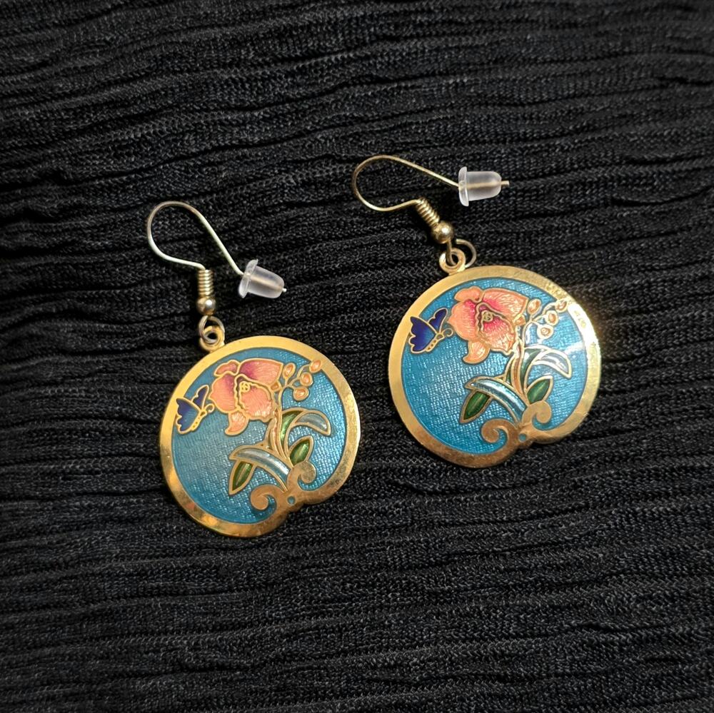 1980s Vintage Cloisonné Round Enameled Earrings by Siti Orchid 80s Art